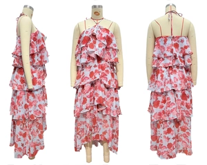 Three-sided view of tiered ruffle floral chiffon dress with halter neck and back tie