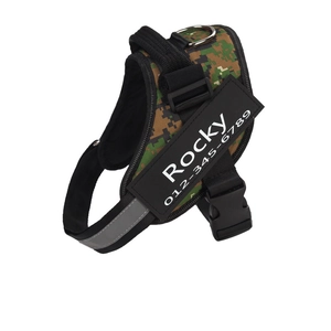 Adjustable camouflage dog harness with reflective strips and custom ID name tag