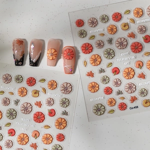 Detailed 3D embossed pumpkin and maple leaf nail art stickers for Halloween and Thanksgiving