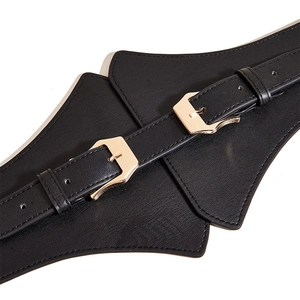 Black leather corset belt with layered pointed silhouette and golden metal buckles