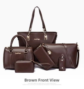 Detailed 6-piece brown PU leather handbag set with tote, crossbody bag, and wallet pouch