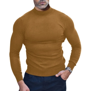 Detail of men's slim fit mustard yellow knit long sleeve thermal base layer top