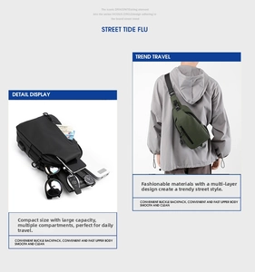 Detail view of water-resistant men's crossbody bag with multiple compartments and tactical buckle