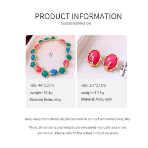 Detailed size chart for resin oval necklace and earring set with product specifications