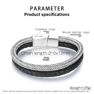 Detail of double-layer black leather and silver steel braided bracelet with magnetic clasp