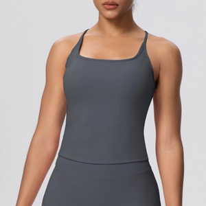Close-up of dark grey high-stretch sports bra with U-neck design and matte texture