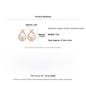 Detail showing dimensions of silver needle earrings with zircon and imitation pearls