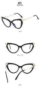 Three-angle view of black cat-eye glasses frame with golden metal curved temples