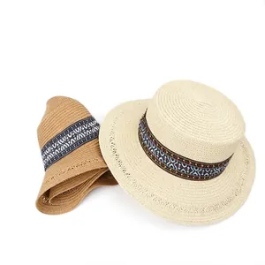 Ethnic bohemia flat top straw sun hats in beige and brown with colorful geometric bands
