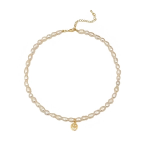 French vintage freshwater pearl necklace with golden smiley face heart pendant charm