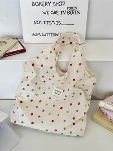 Sac fourre-tout en toile à pois colorés pour femmes avec étiquette tissée minimaliste