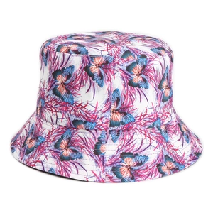 Close-up of high-quality cotton canvas bucket hat with colorful butterfly pattern details