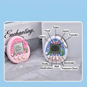 Pink and white virtual pet game consoles with metal keychains on a decorative gift box