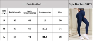 Size chart for maternity yoga pants with measurements for length, waist, and hips