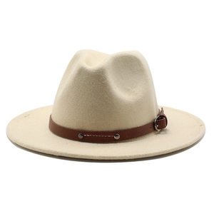 Detailed side view of a beige wool fedora hat with a brown leather decorative strap