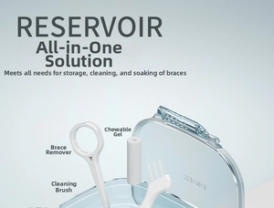 Three-layer orthodontic retainer box with soaking tray, cleaning brush, and chewy tools
