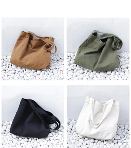 Collage showing minimalist canvas tote bags in brown, army green, black, and white colors
