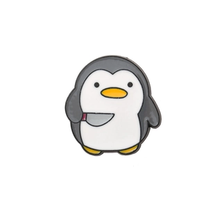 Cute cartoon penguin enamel pin with a knife, funny kawaii badge for bags and clothes