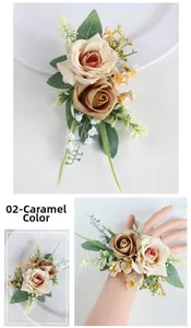 Caramel and champagne silk rose wrist corsage with white lily and greenery for weddings