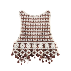 Crochet hollow V-neck sleeveless knit vest with fringe tassels and contrast embroidery
