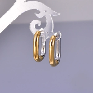 U-shaped two-tone stainless steel hoop earrings with gold and silver mirror polish