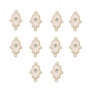 Detailed view of ten gold-plated Hamsa Hand evil eye connectors for DIY jewelry making