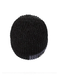 Top down view of black ribbed knit beanie featuring chenille texture and brand logo patch