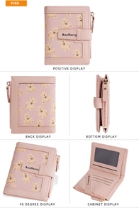 Pink Baellerry wallet with cute teddy bear print showing internal card slots and zipper pocket
