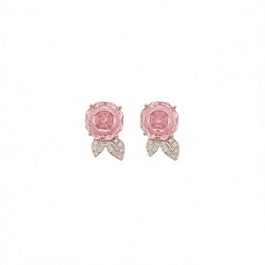Elegant silver pink rose stud earrings featuring cubic zirconia leaf accents for women