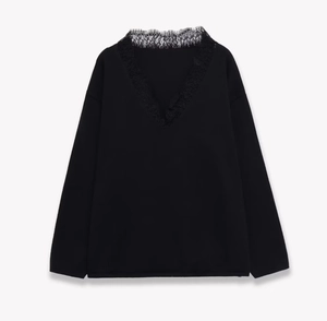 Detail of elegant black knit top featuring sheer lace trim along the deep V-neckline
