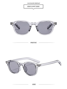 Front and side views of stylish oval vintage sunglasses in gray and light gray tones