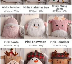 Detail grid showing plush Christmas pillows with white and pink reindeer and tree designs