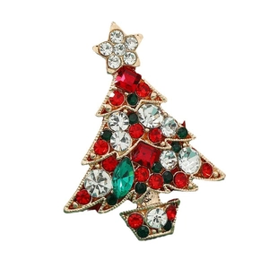 Sparkling Christmas tree brooch with red and green rhinestones on a gold alloy base