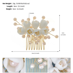 Detail view of bridal hair comb with ceramic flowers and pearls showing 8cm dimensions