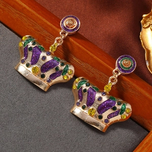 Crown Dangle Earrings Alloy With Colorful Rhinestone Enamel Retro Palace Style Fashion Jewelry For Women