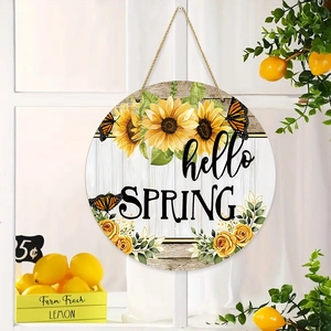 Rustic hello SPRING wooden door sign with sunflowers and butterflies for home wall decor