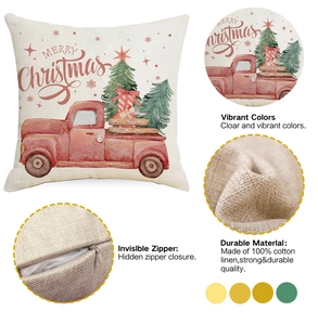 Detail of Christmas pillow cover showing red truck print and invisible zipper texture