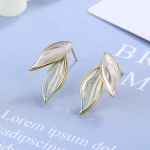 Elegant gold-edged leaf stud earrings with blue and pink gradient enamel finish