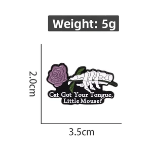 Detailed size chart of a white skeleton hand holding a purple rose enamel pin