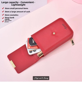 Detail view of the red leather multi-slot interior for phone, cards, and lipstick storage