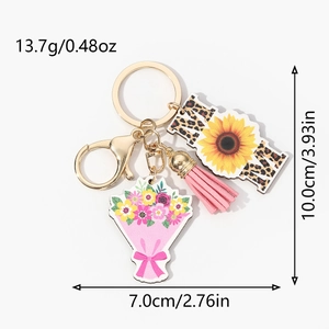 Wooden MOM keychain with sunflower leopard print and pink bouquet charm with golden tassel