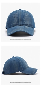 Close-up of washed denim baseball cap featuring vintage distressed fabric and stitching