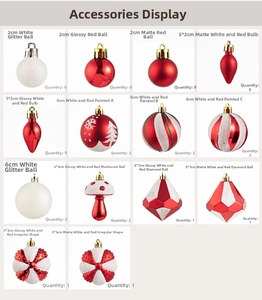 Detail grid of red and white Christmas ornaments including hand-painted and glitter balls