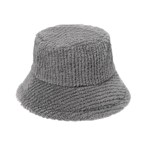 Thick plush grey fuzzy bucket hat for autumn winter with warm sherpa fleece texture