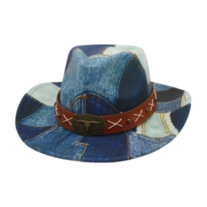 Vintage patchwork denim western cowboy hat with brown leather band and metal bull head icon