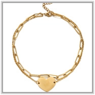 Detail of 18K gold-plated double-layer chain anklet featuring heart pendant and bead link