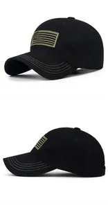 Detail view of cotton baseball cap featuring US flag embroidery and yellow brim stitching