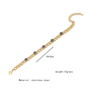 Detail of gold evil eye charm bracelet in stainless steel with 18+5cm size and weight specs