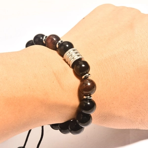 Adjustable stainless steel bracelet with tiger eye beads and black obsidian stones