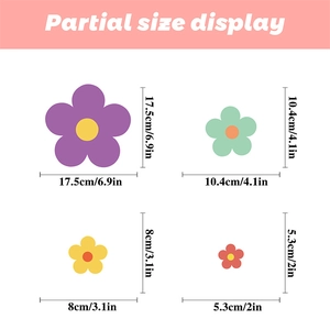 Size guide for colorful flower wall stickers in four distinct dimensions and pastel tones